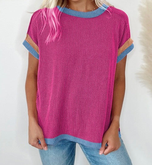 Pink Ribbed Color Block Tee