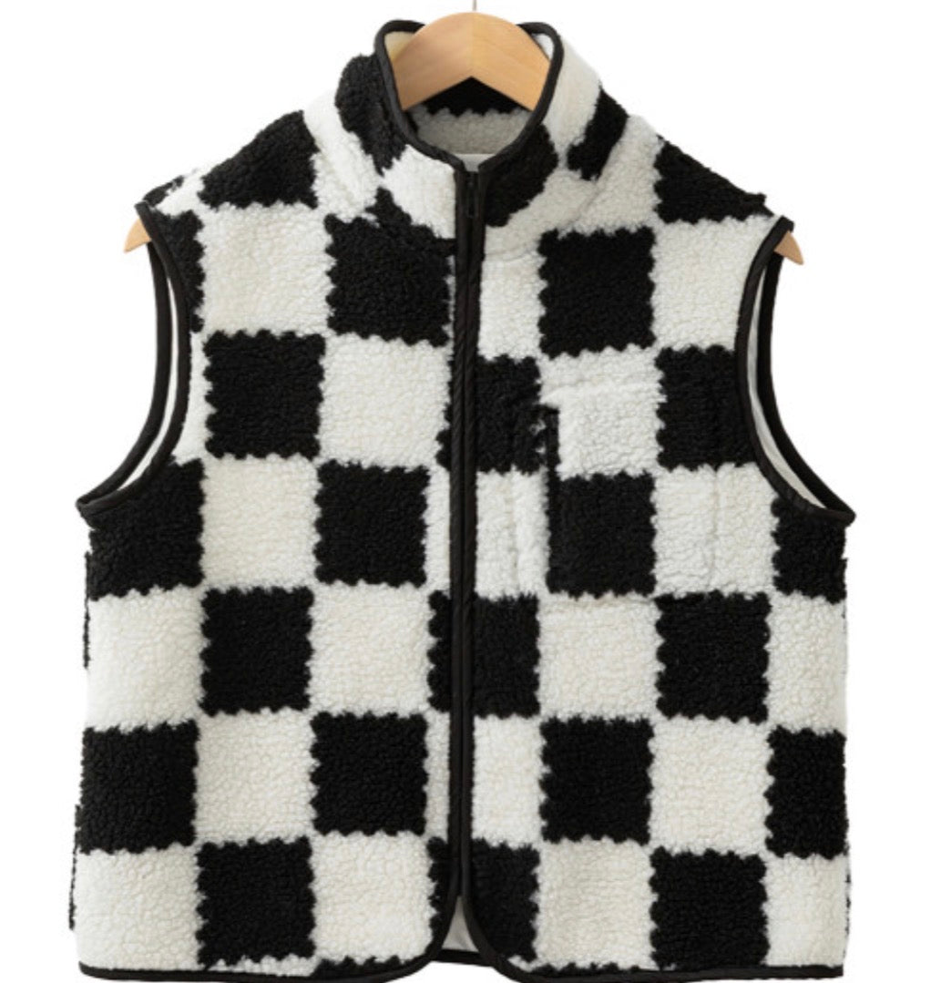 Black & White Plush Checkered Vest
