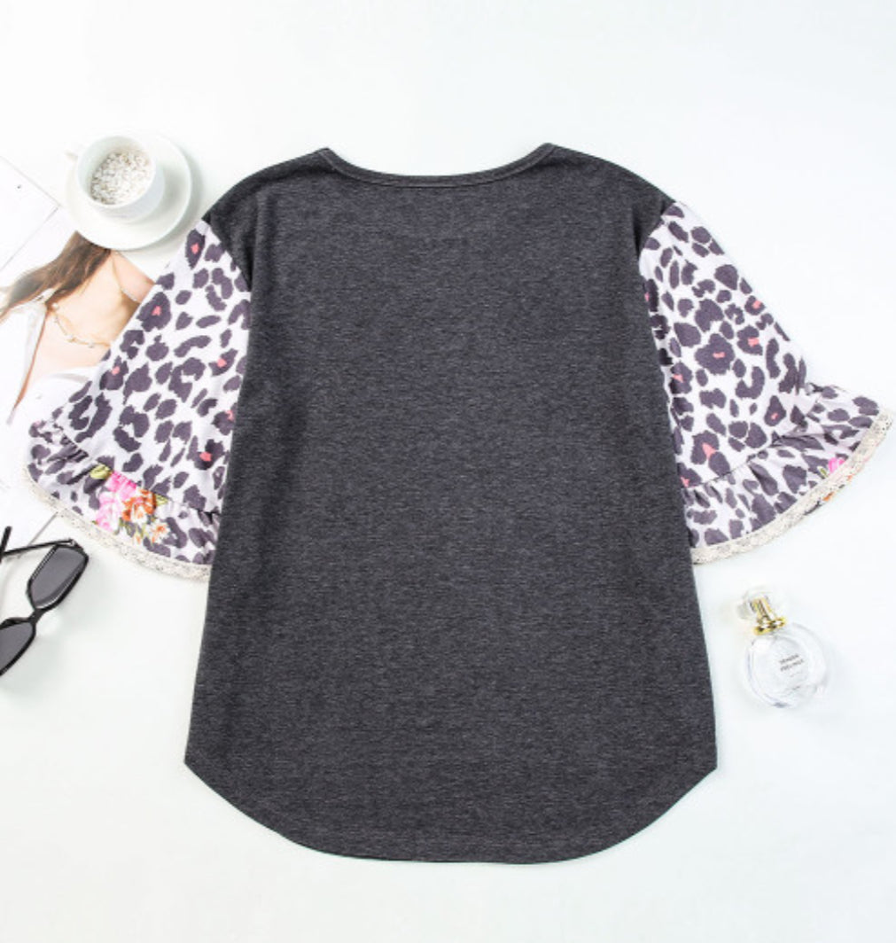 Cheetah Gray Top-Bell Sleeve