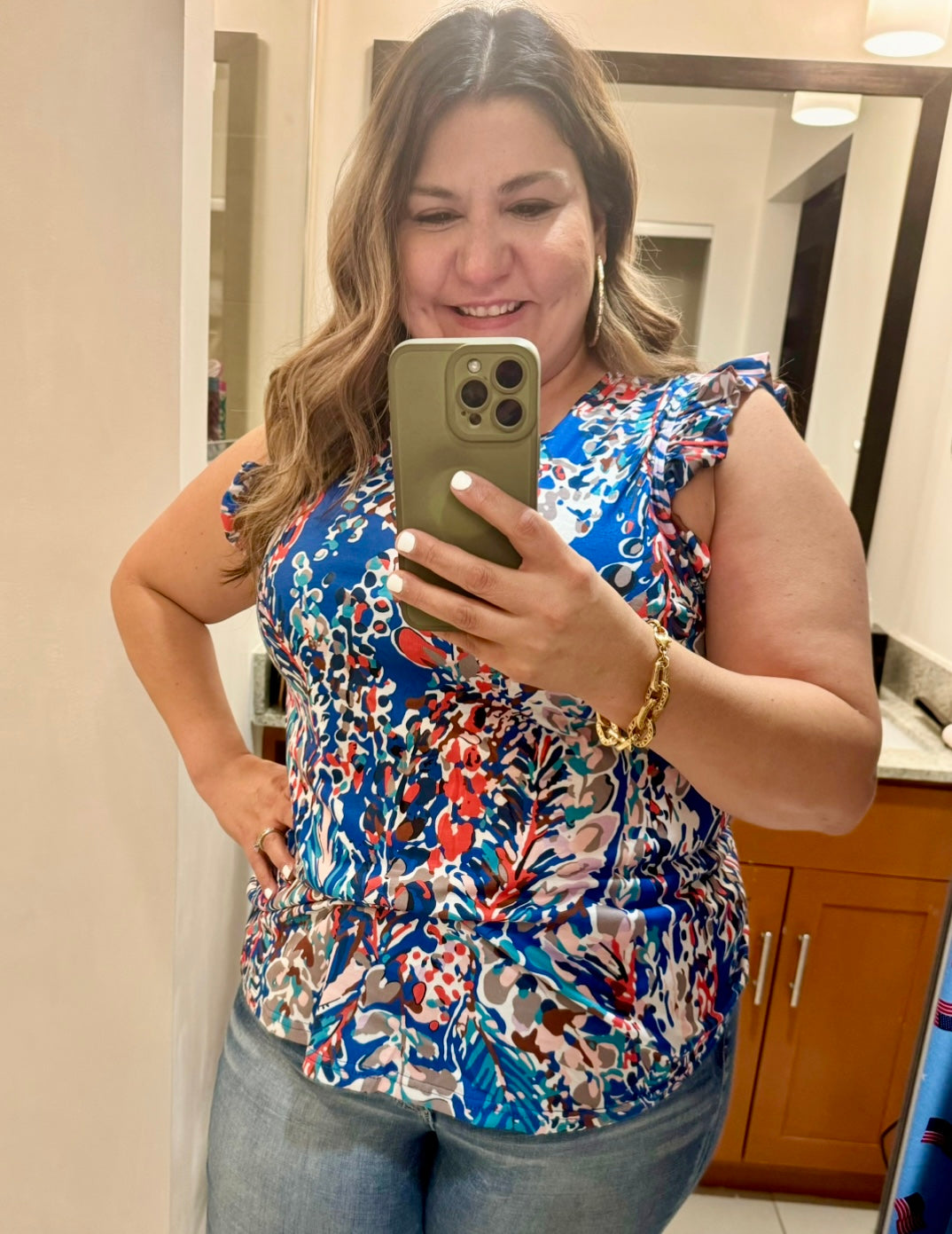Blue Floral Ruffle Sleeve Top