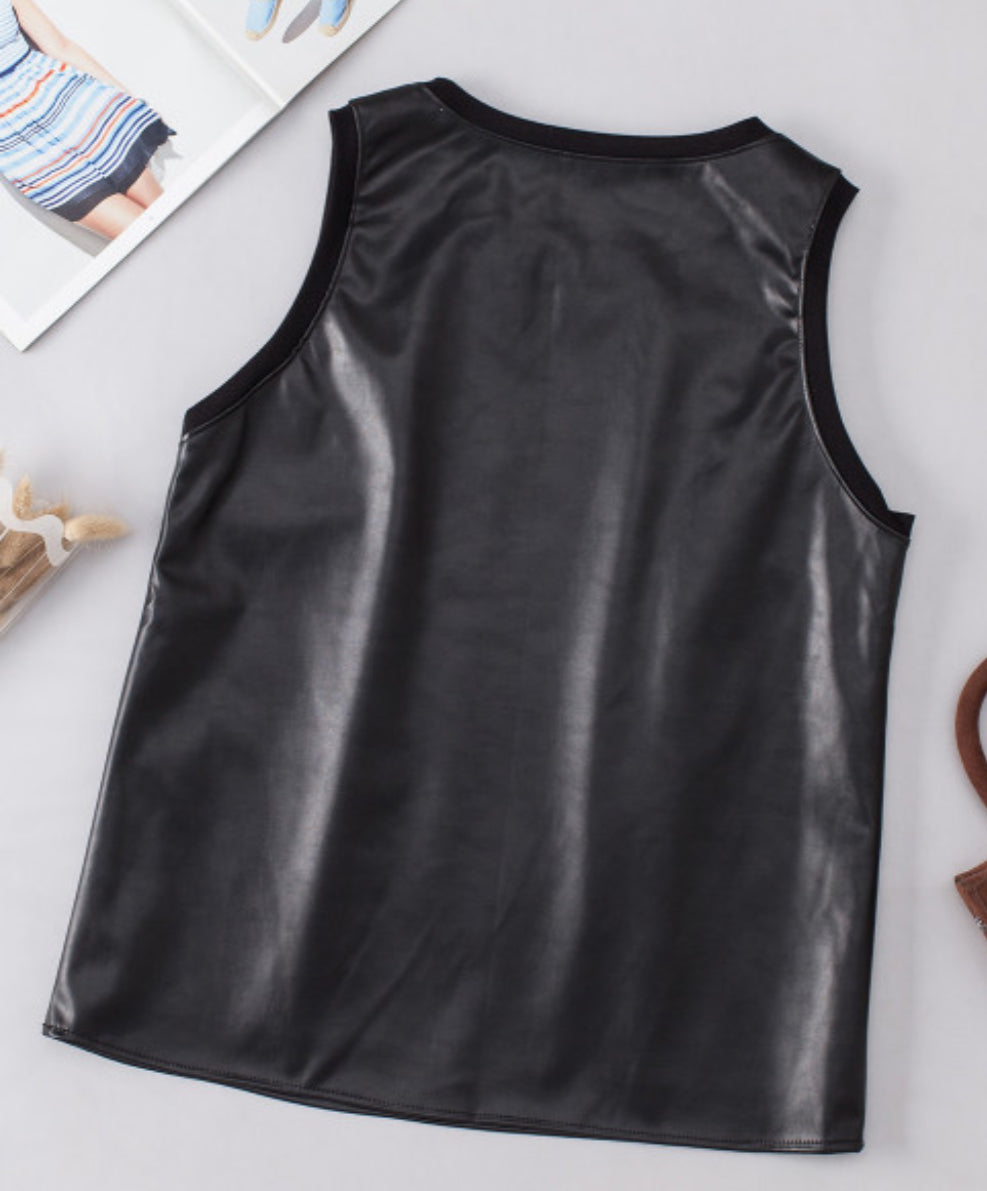 Black Leather~Like Sleeveless Top