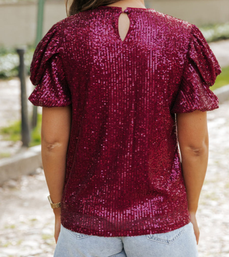Maroon Sequins Ruffle Sleeve Blouse