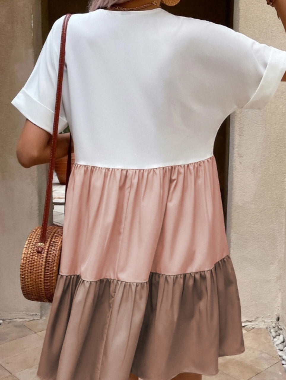V-Neck White/Samon/Tan Loose Dress