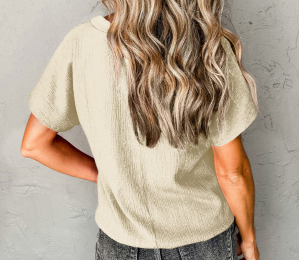 Cream Crinkle V-Neck Top