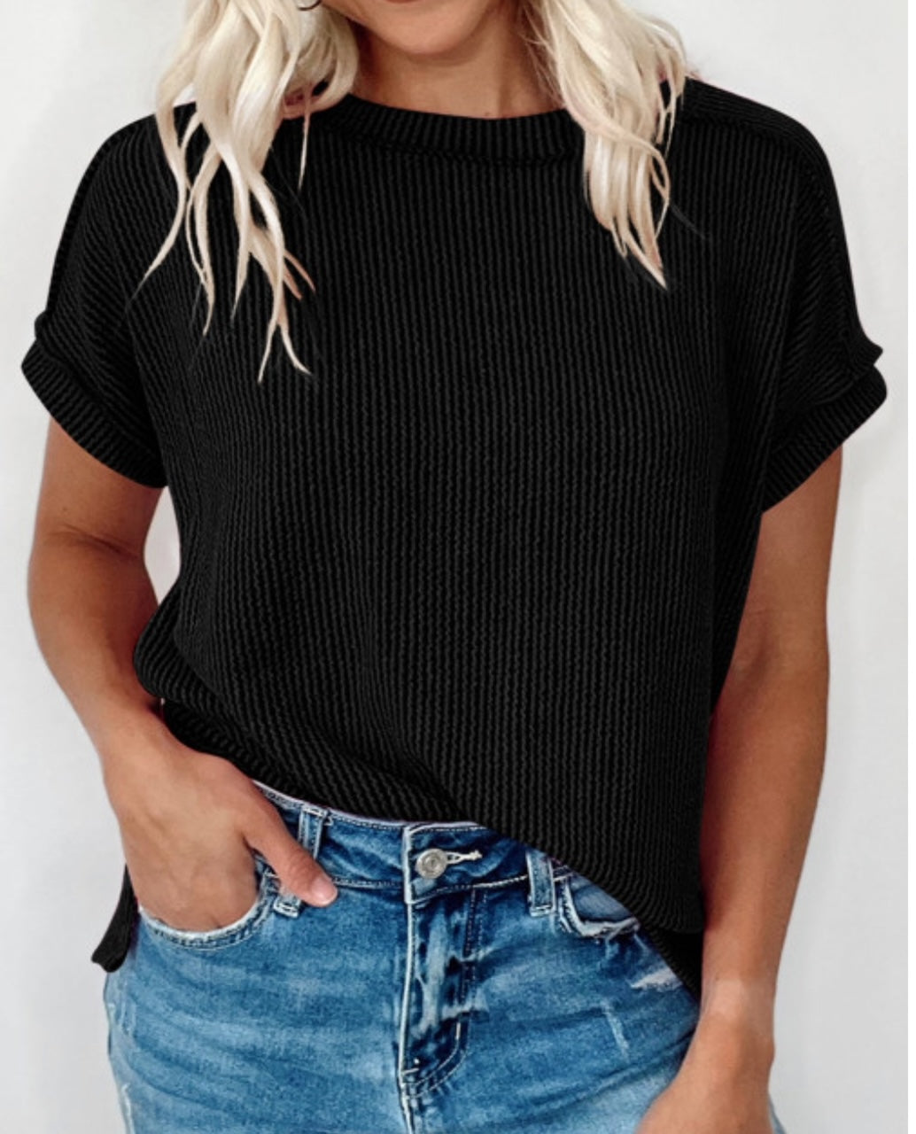 Black Round Neck Ribbed Top
