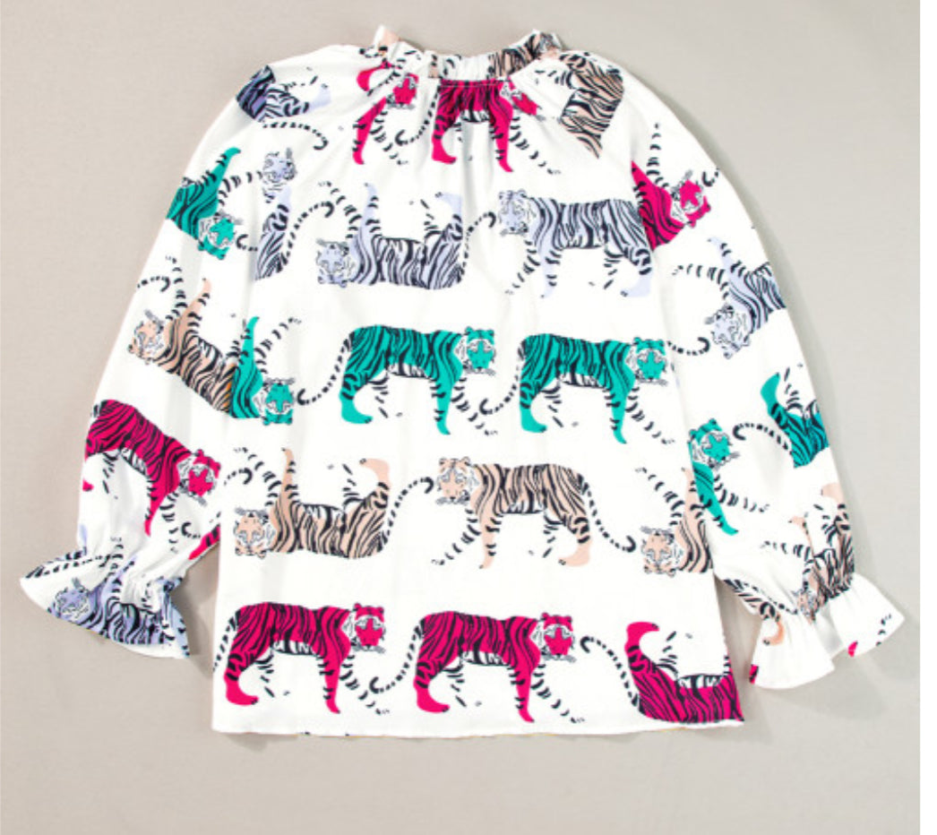 White Colorful Tiger Blouse