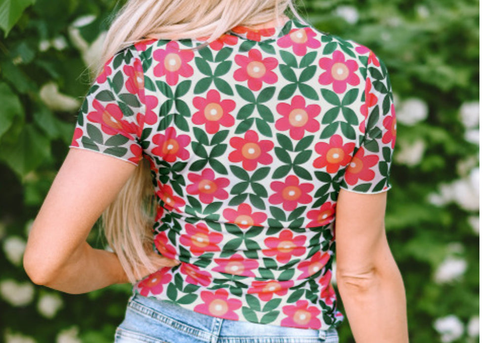 Pink & Green Floral Mesh Tee with Lining