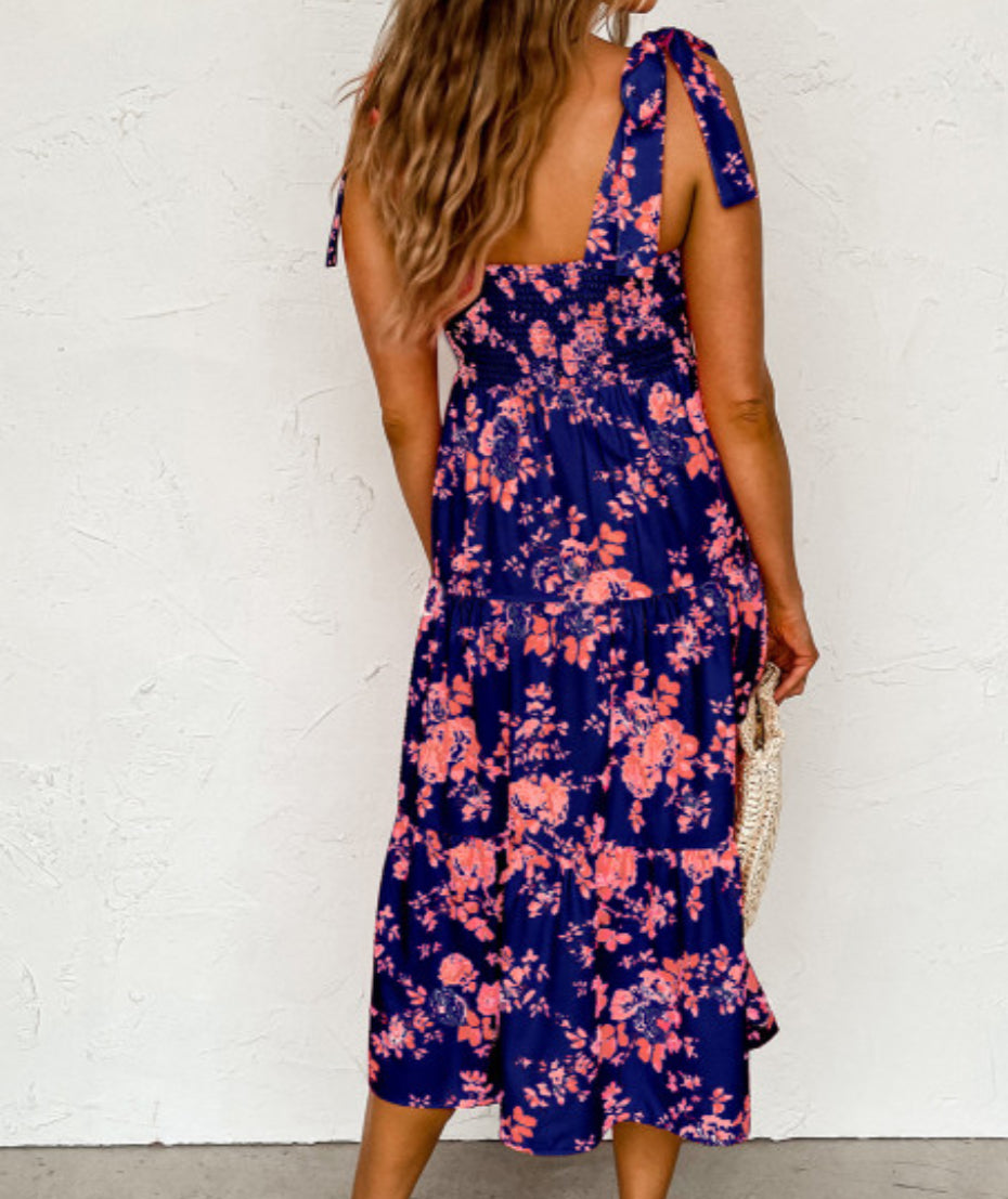 Navy & Pink Floral Shoulder Tie Dress