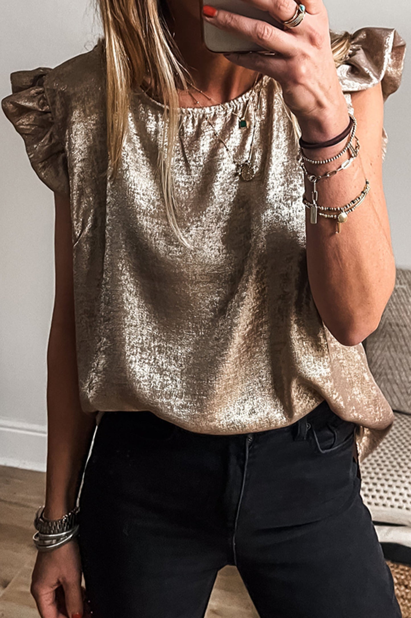 Gold Top Ruffled Trim Button Back Blouse