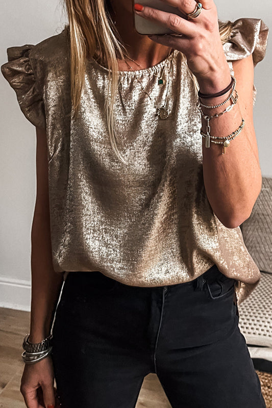 Gold Top Ruffled Trim Button Back Blouse