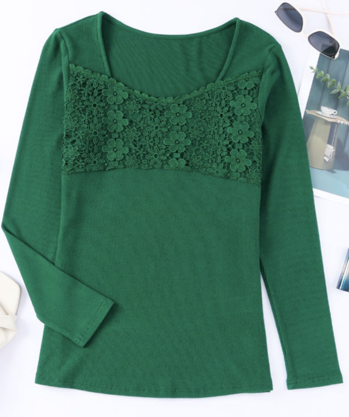Green Daisy Floral Lace Ribbed Top