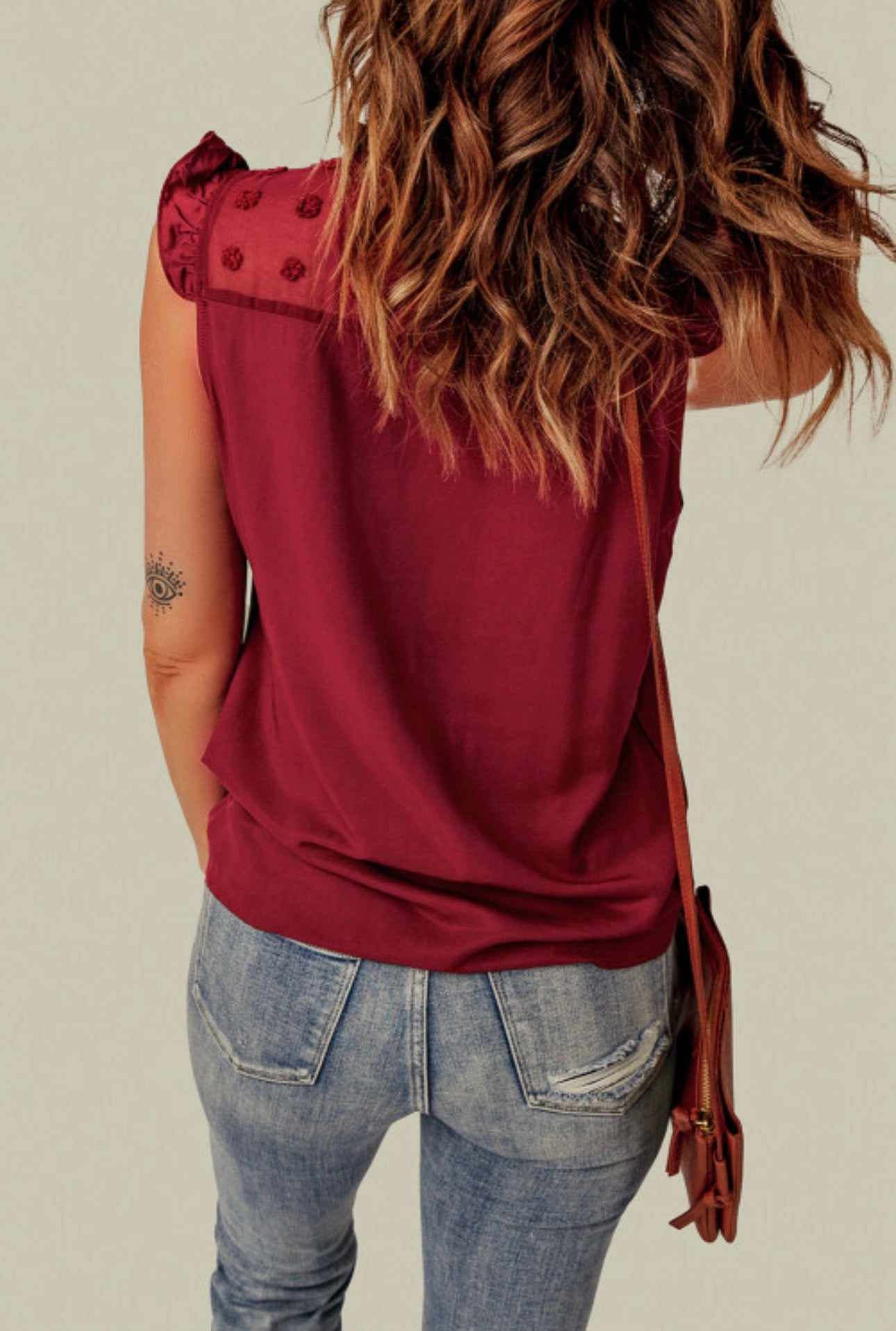 Deep Red Ruffle Sleeve Blouse