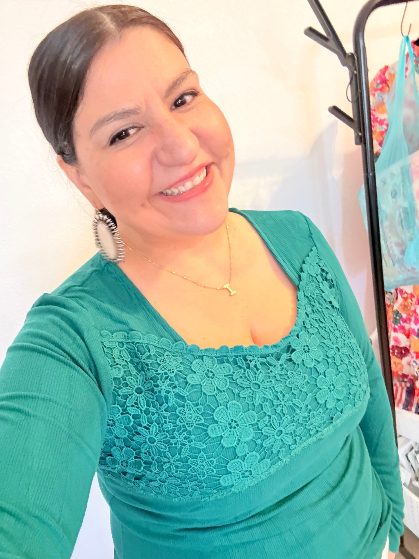 Green Daisy Floral Lace Ribbed Top