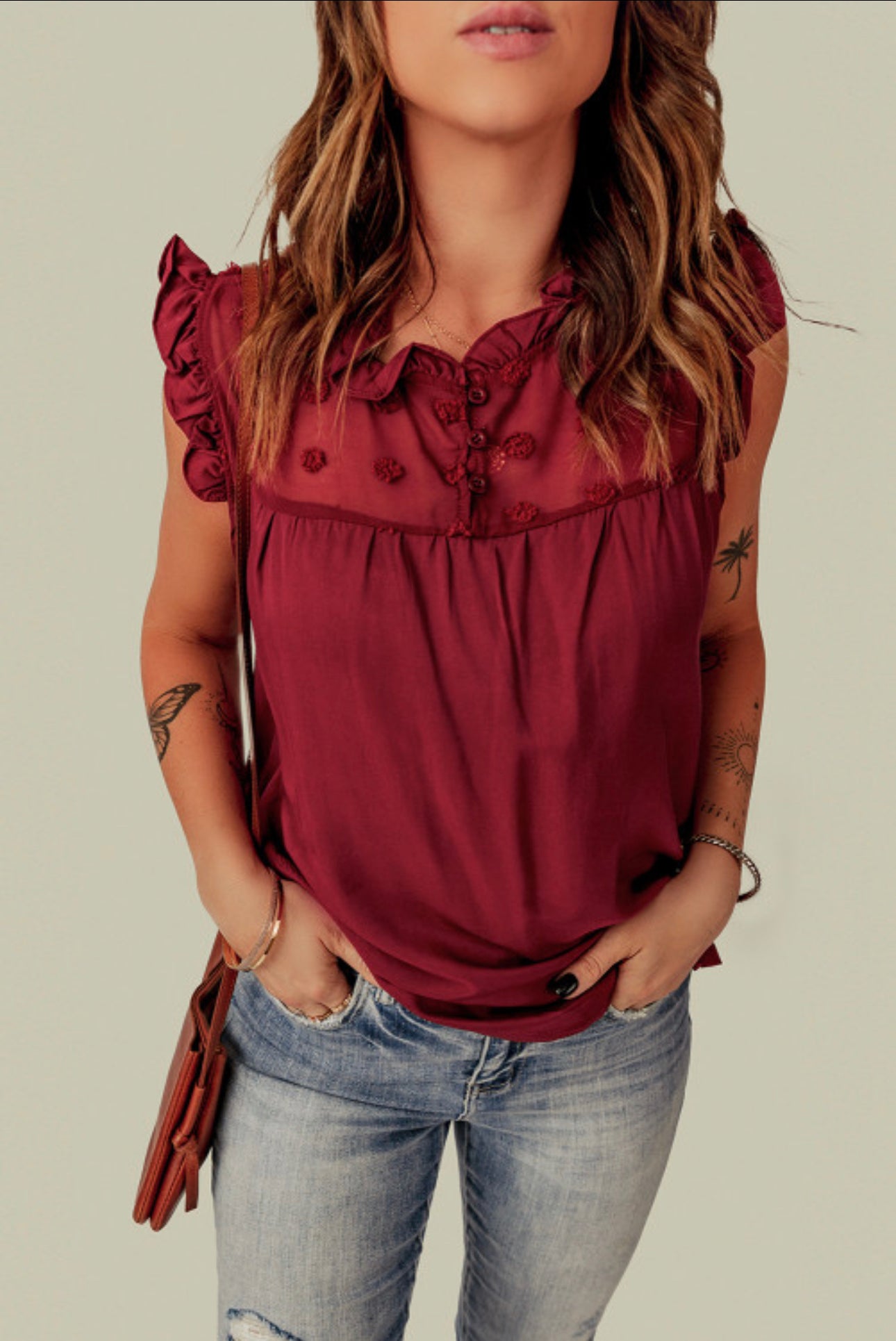 Deep Red Ruffle Sleeve Blouse