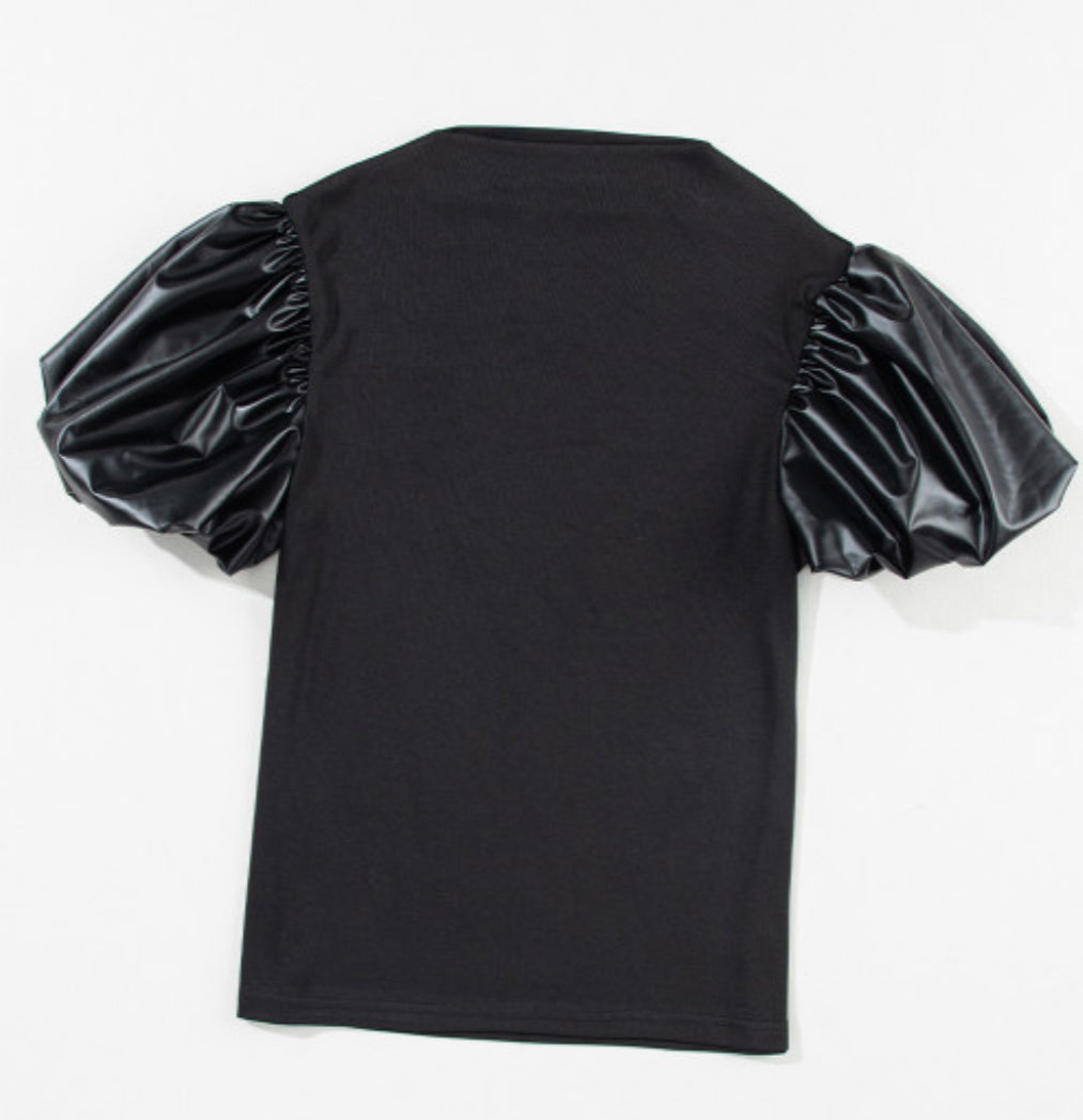 Leather~Like Ruffle Sleeve Top