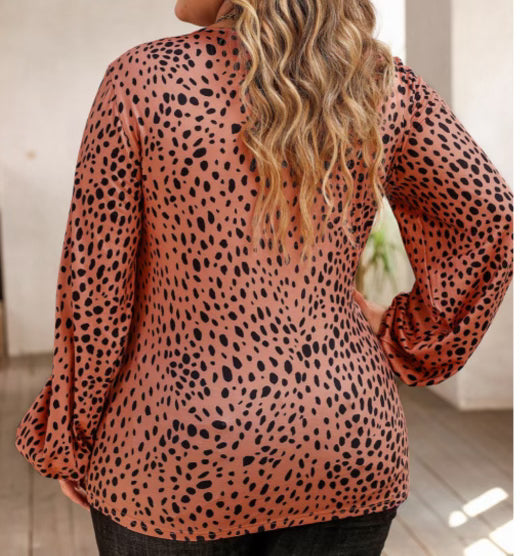 Plus Size - Leopard V-Neck Lace Up Top