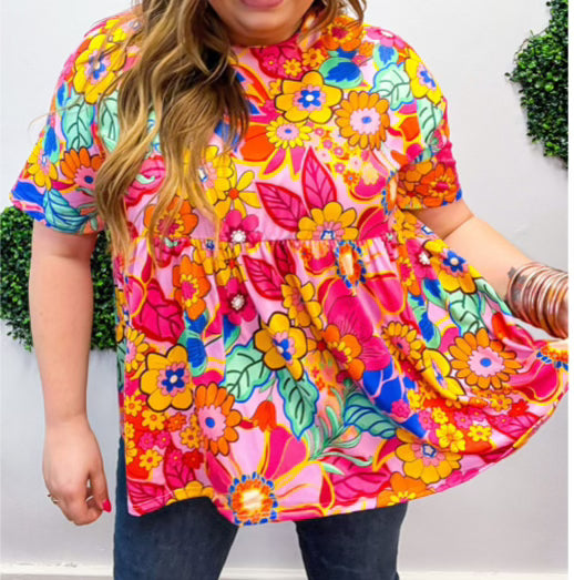 Plus Size - Colorful Flower Patch Top