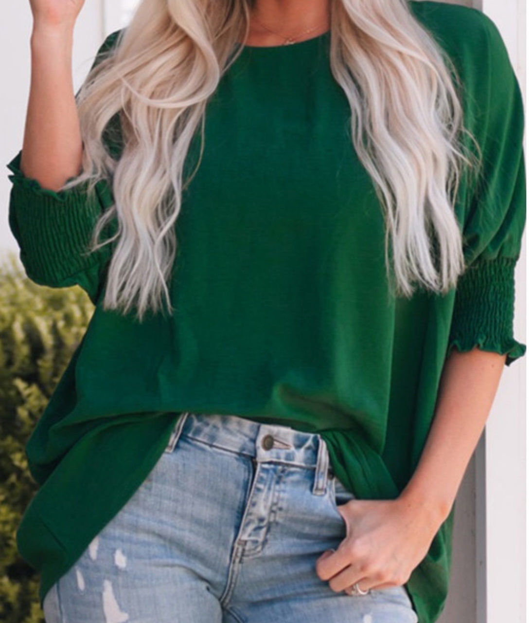 Green Crinkle Sleeve Blouse