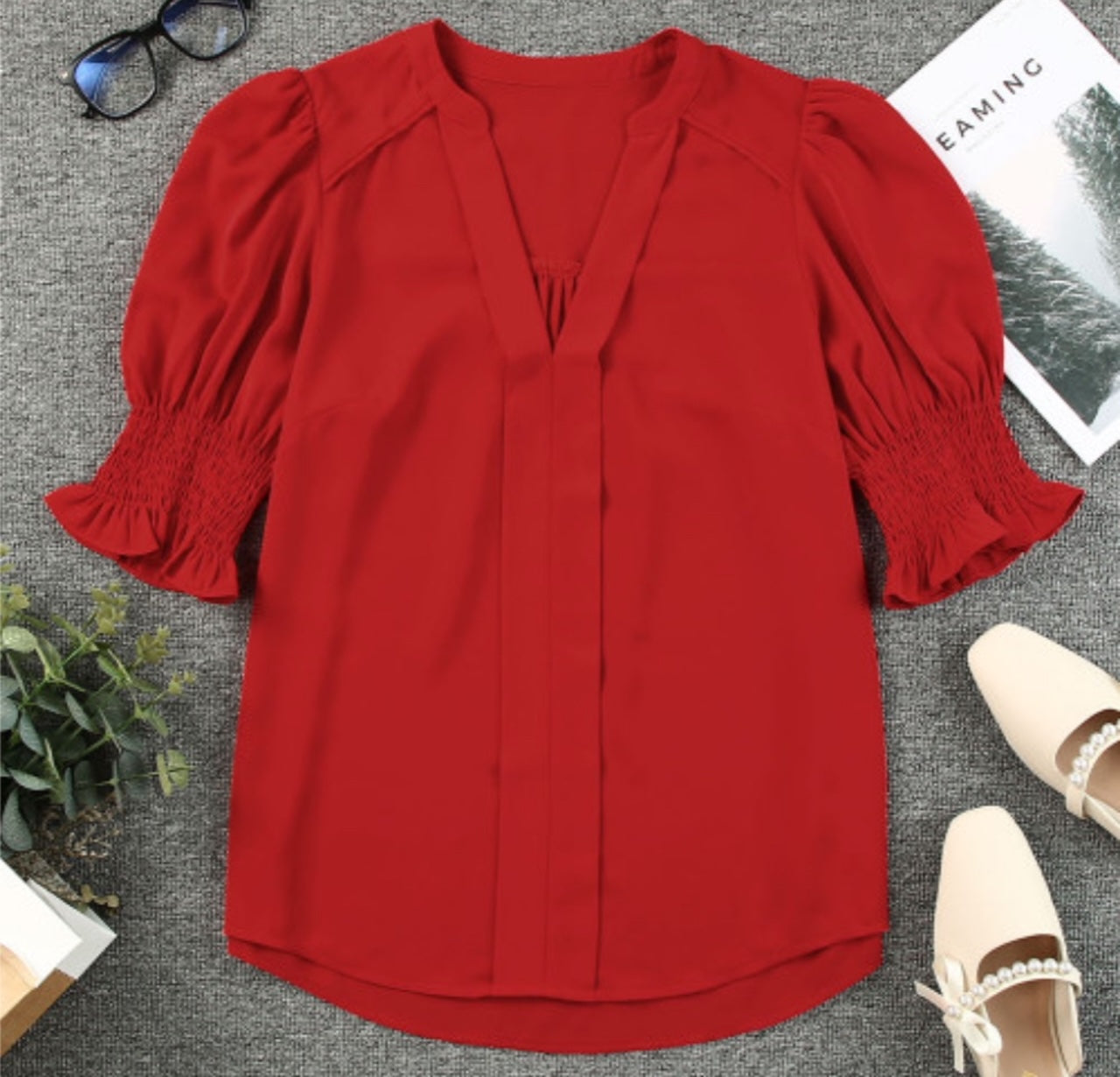 Red V-Neck Blouse