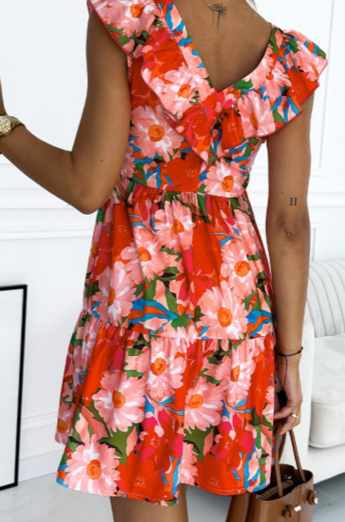 Aline Zip Side Floral Ruffle Dress- 100% Polyester~ *Recommend Sizing Up *