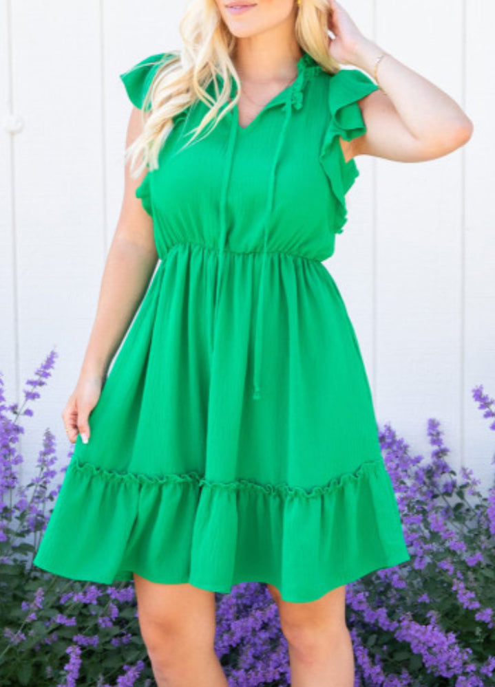 Green V-Neck Elastic Waist Dress