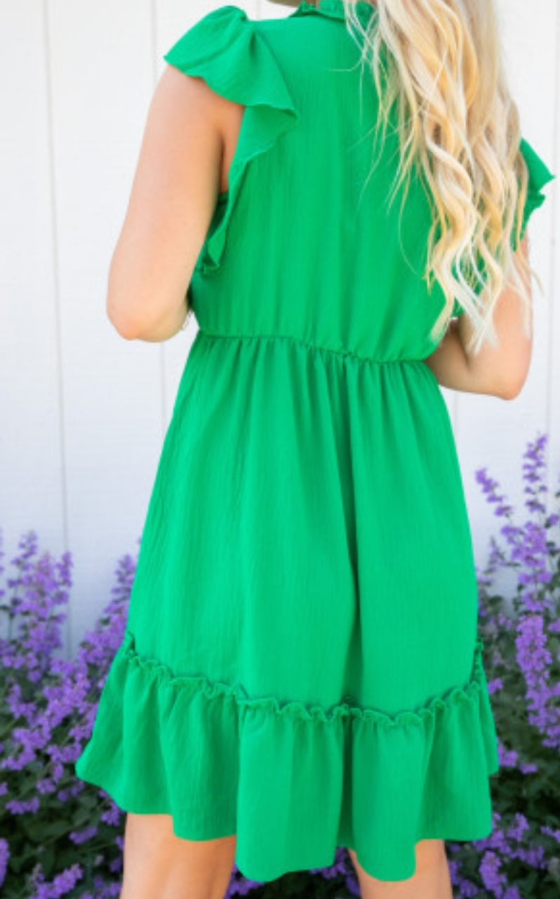 Green V-Neck Elastic Waist Dress
